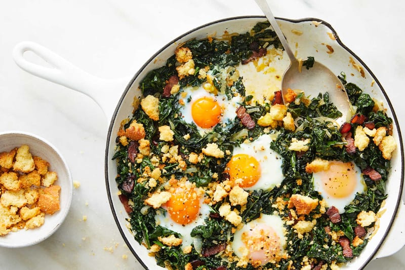 Baked Eggs With Kale, Bacon and Cornbread Crumbs